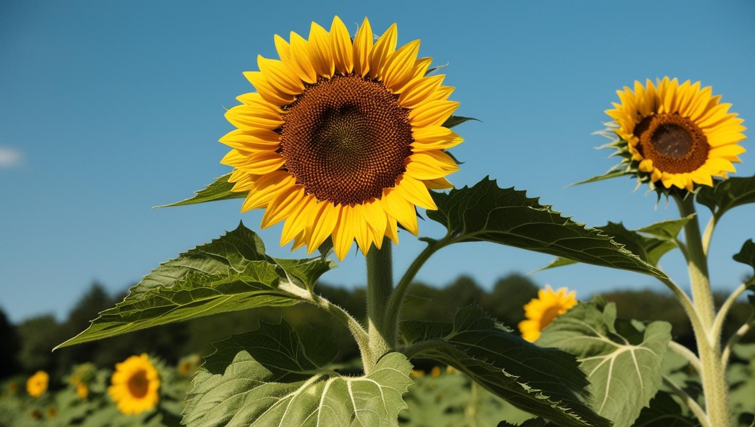 A bright and healthy sunflower plant. Large yellow petals surround a dark brown center, and the thick green stem has broad leaves. The background is a clear blue sky with soft sunlight - Companion Plants for Cucumbers