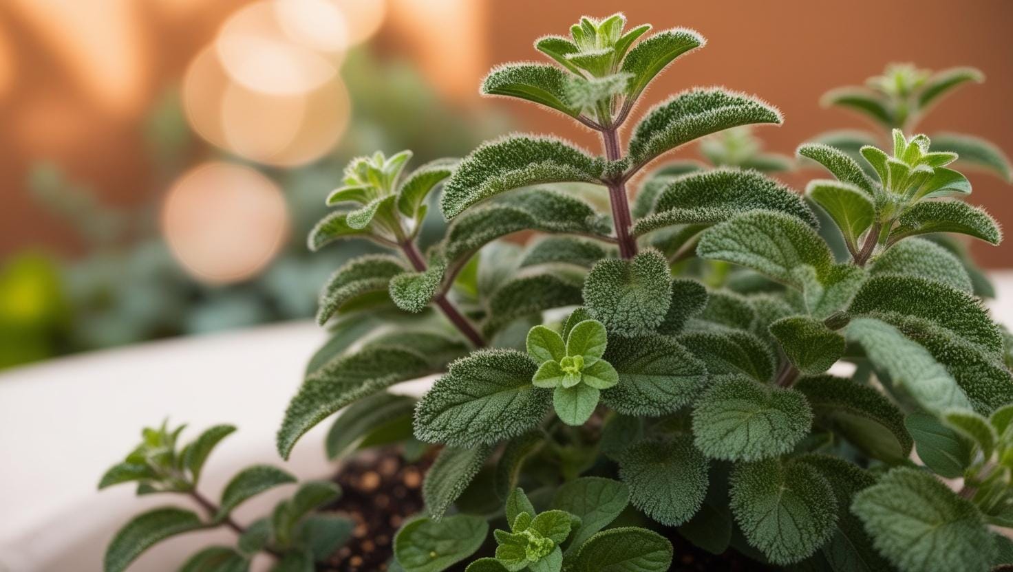 A healthy oregano plant growing in a home garden, with lush, dark green leaves that are aromatic and slightly fuzzy. - Companion Plants for Cucumbers