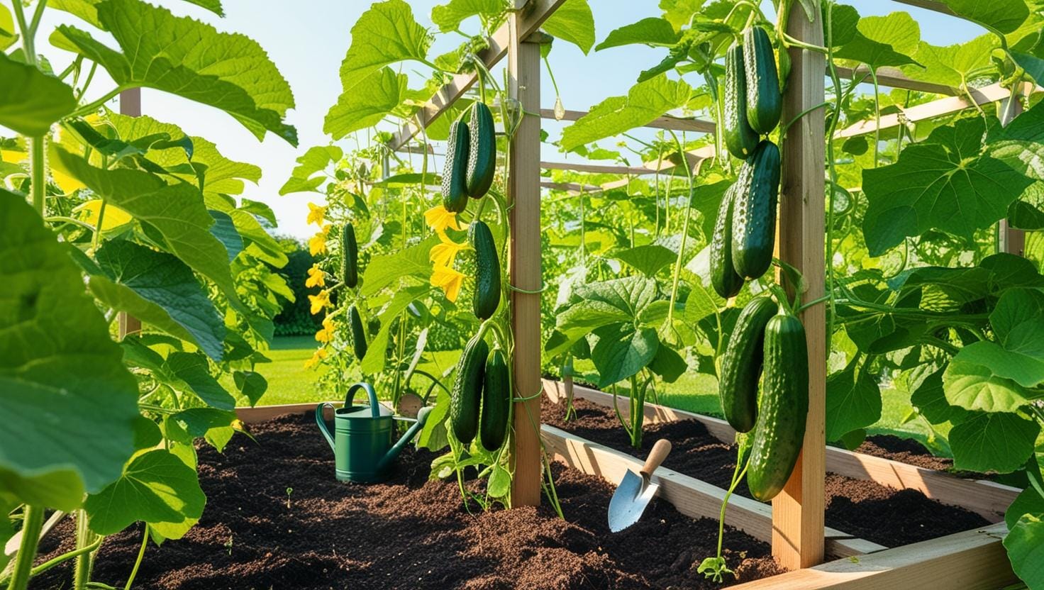 A lush cucumber garden in daylight, plants growing on trellises - Companion Plants for Cucumbers