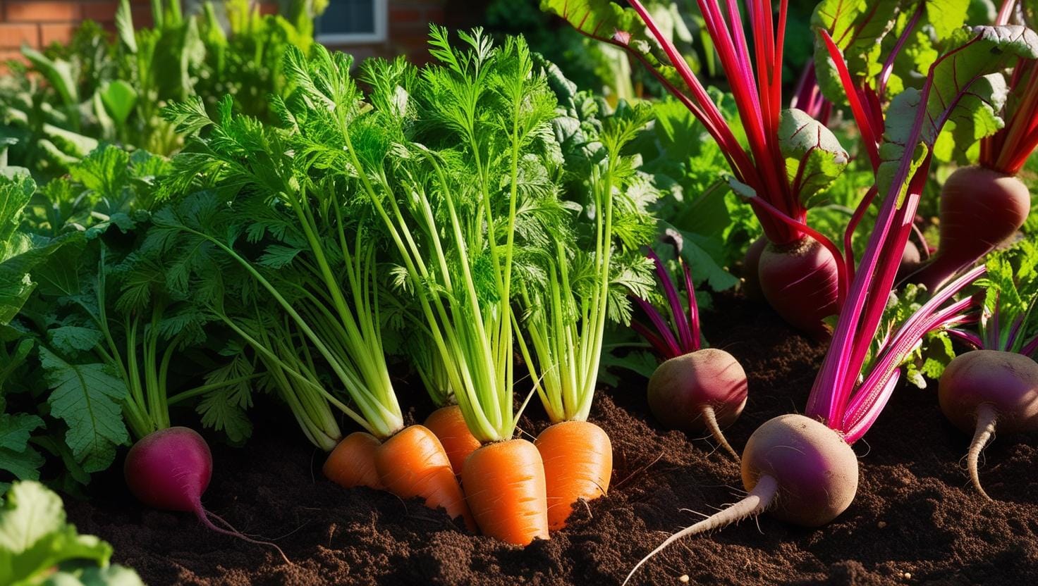 A lush home garden with rows of vibrant carrots, radishes, and beets growing in rich, dark soil. - Companion Plants for Cucumbers