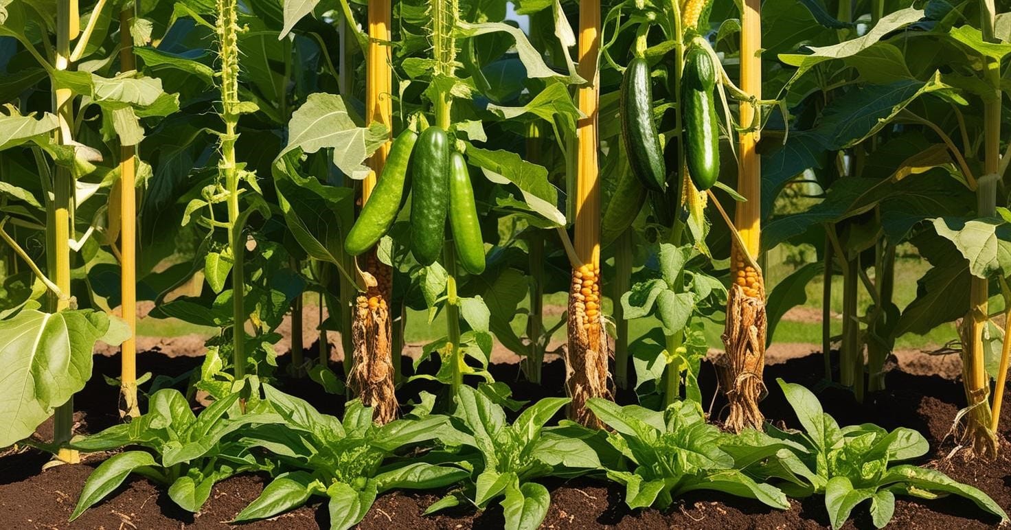 A thriving garden using the 'Three Sisters' method with a twist—corn, beans, and cucumbers growing together in harmony - Companion Plants for Cucumbers
