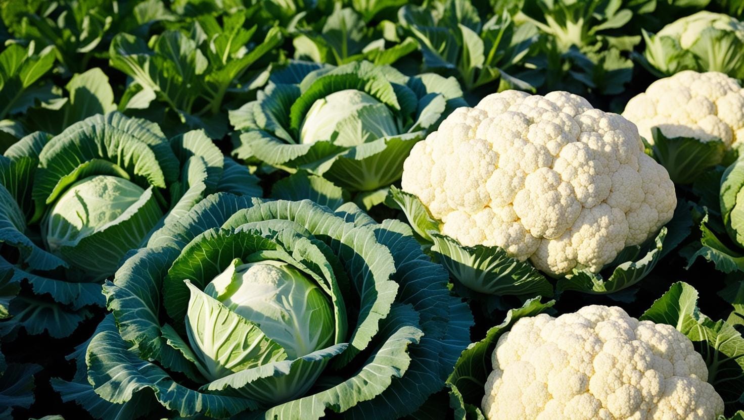 A thriving garden with cabbage and cauliflower plants growing - Companion Plants for Cucumbers