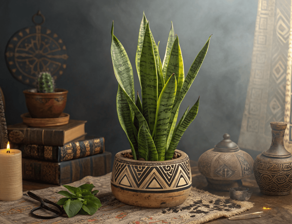 A visually rich and detailed illustration of a Snake Plant (Sansevieria) surrounded by symbols of its historical and cultural significance - History of Snake Plant