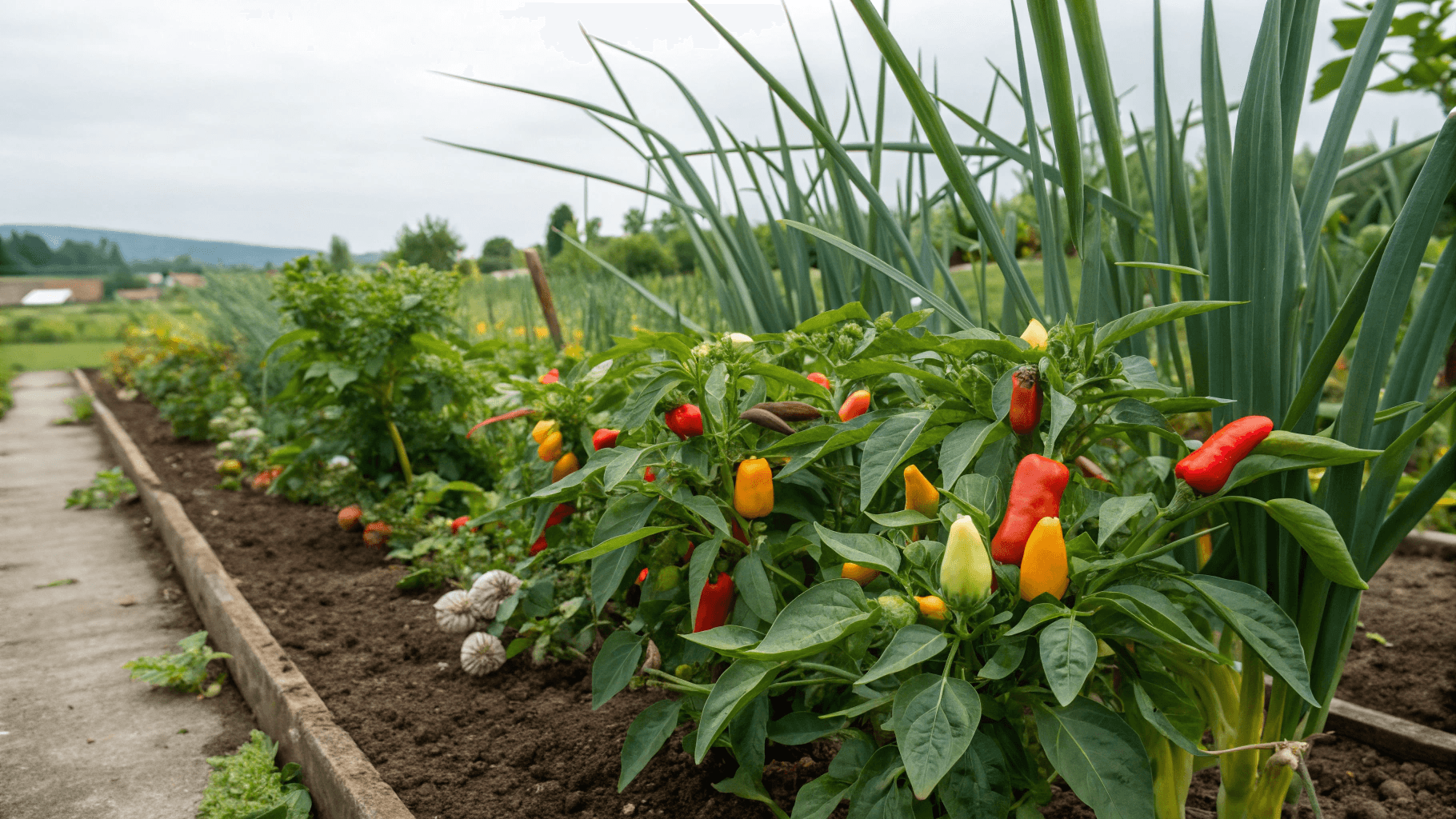 Best Companion Plants for Garlic - Bell peppers and hot peppers benefit from garlic’s pest-deterring properties. Aphids, spider mites, and nematodes are less likely to invade your pepper plants when garlic is nearby. Just leave a few inches between the garlic and pepper stems to avoid competition for nutrients.