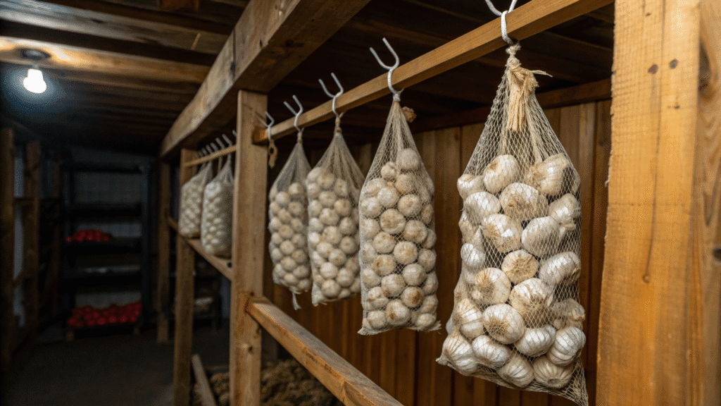 Storing Garlic for Months - Garlic likes to be cool, dry, and dark. Keep your garlic away from potatoes or onions; both release moisture and gases that can shorten storage life.