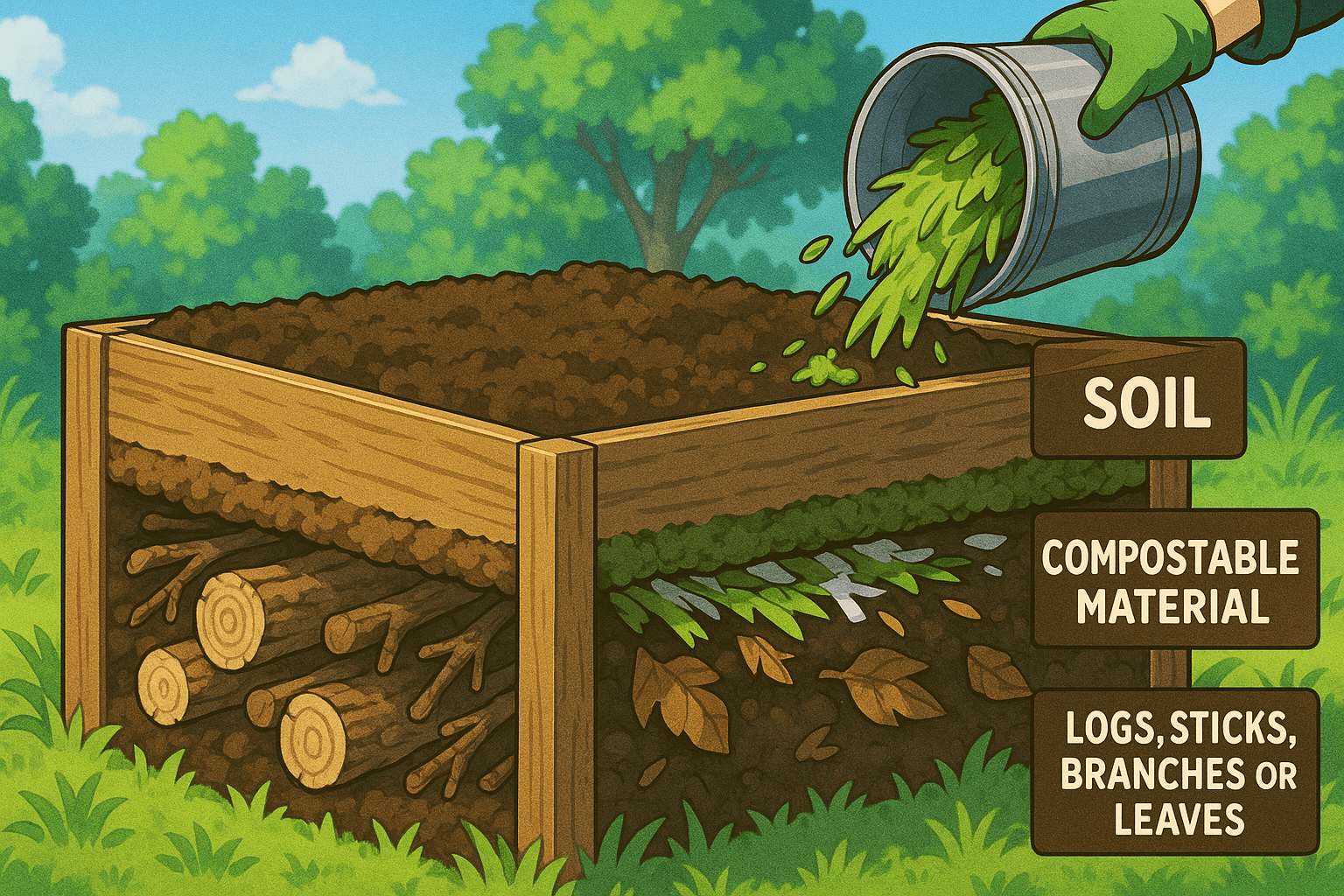 Fill the bottom third of the bed with logs, sticks, branches, or leaves. Add compostable material like grass clippings, straw, or shredded paper on top. Finish with 8-12 inches of high-quality soil.