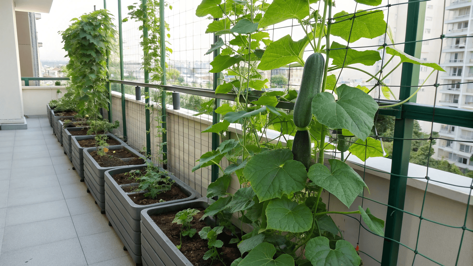 Attach trellises to the back of a raised bed or railing to grow