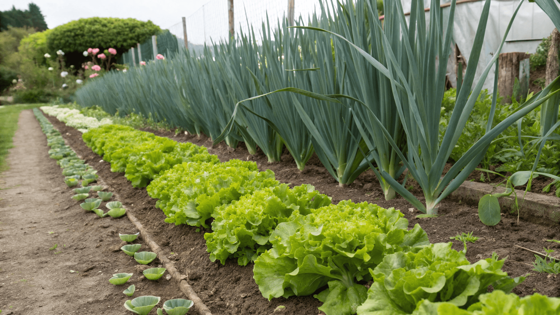 Best Companion Plants for Lettuce - Leeks repel carrot flies, aphids, and slugs, making them excellent pest protectors for lettuce. Their upright shape helps maximize small spaces.