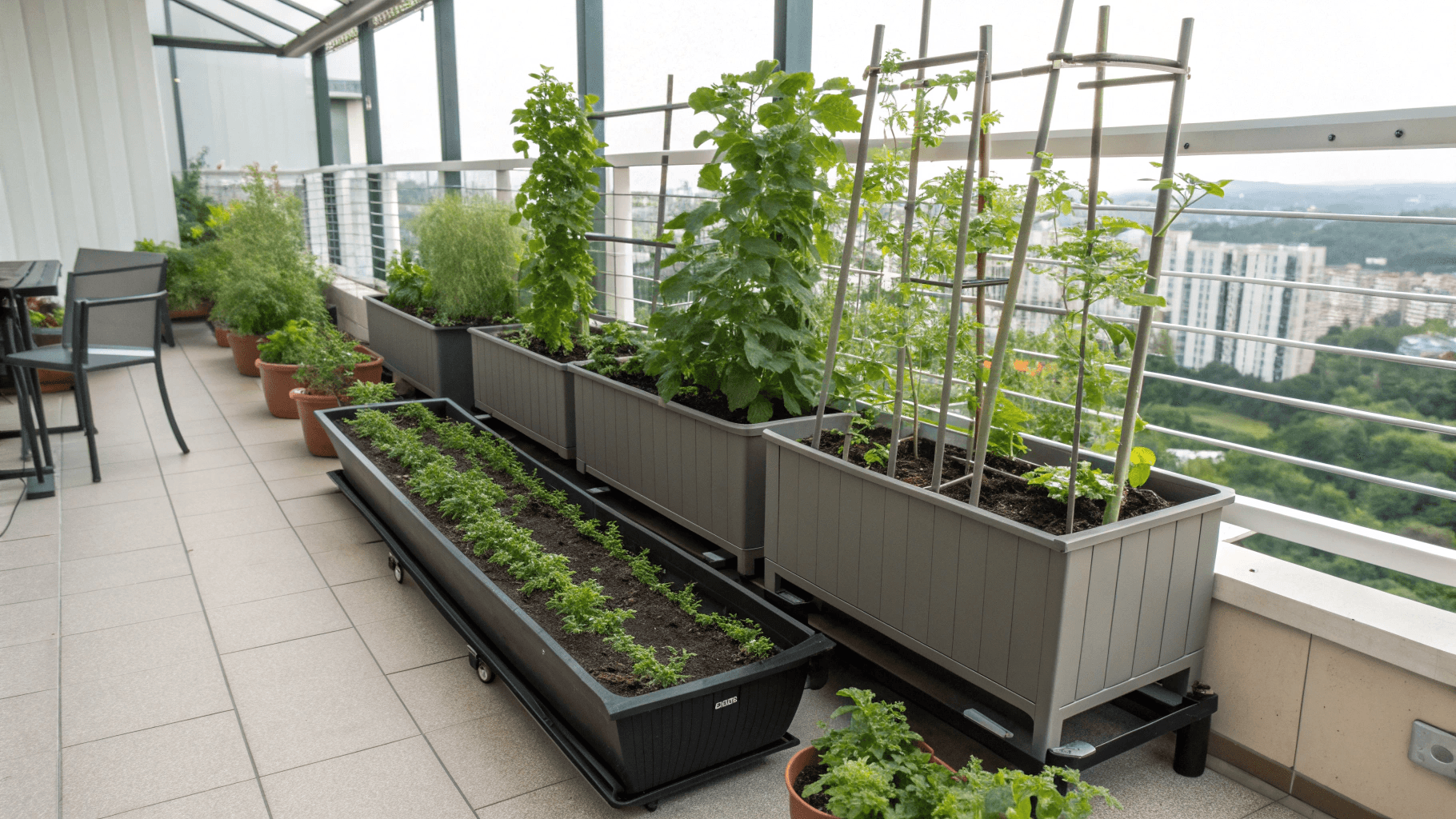 These free-standing structures help support climbing crops without relying on balcony walls or landlord permission.