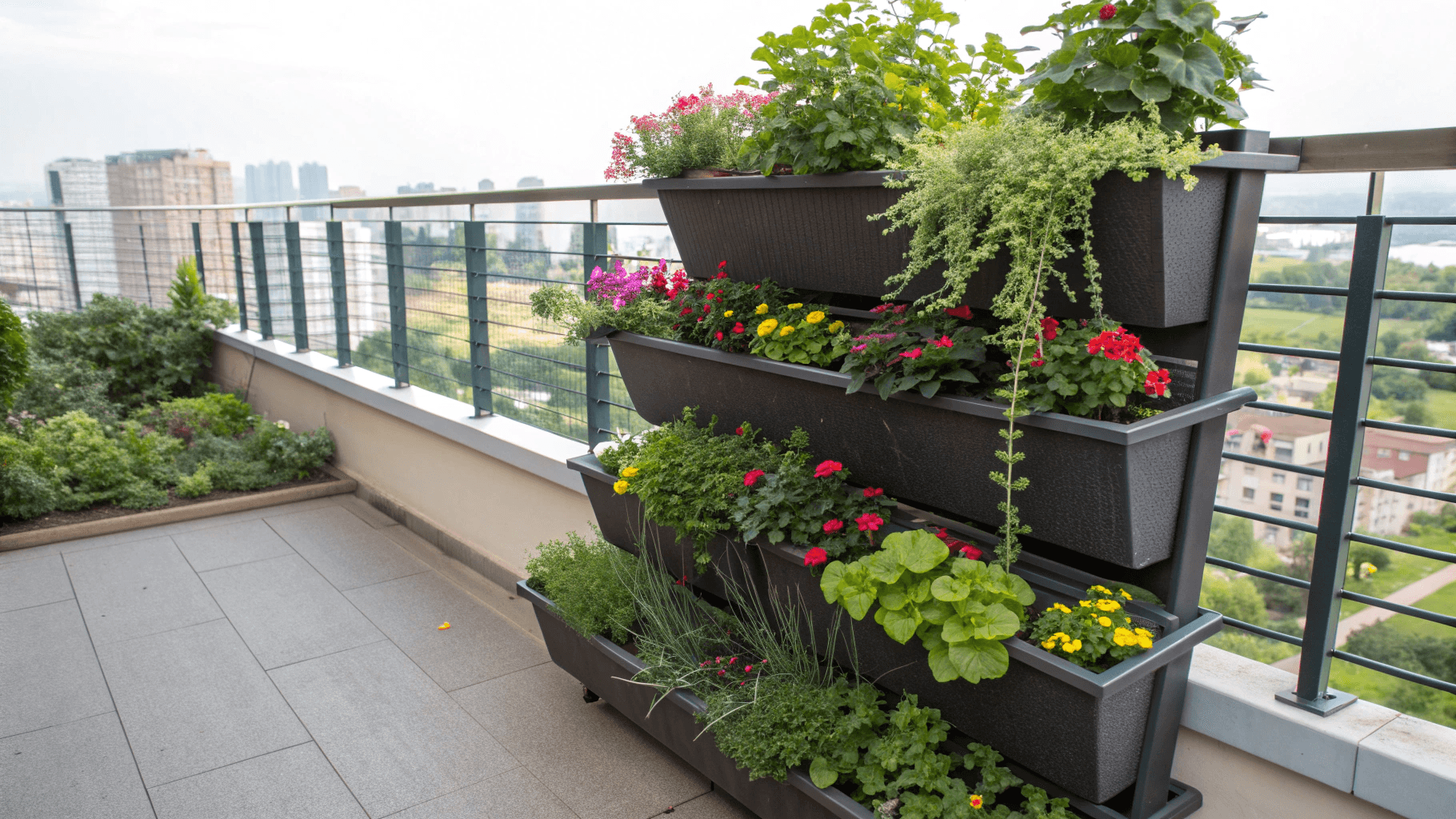 Tiered beds and cascading planters make use of vertical layers. 