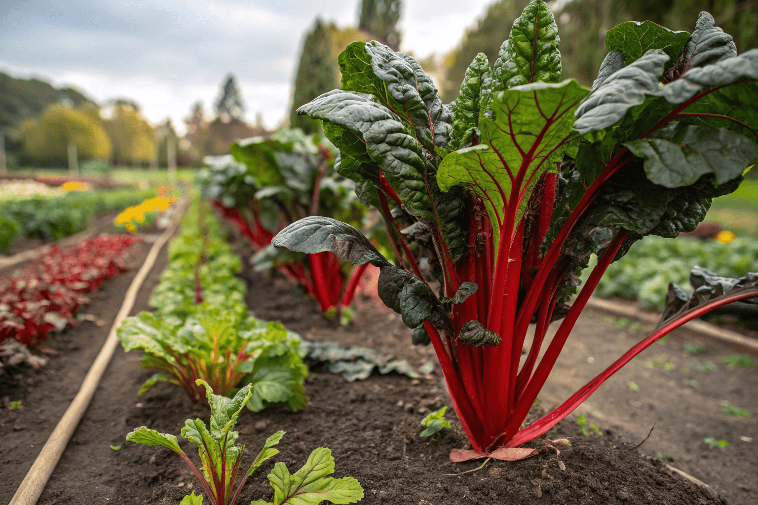 Red chard has deep red stems and veins with green leaves and a slightly more “earthy” flavor than white-stem types. It’s popular with gardeners who want a bold look without planting a full rainbow mix.