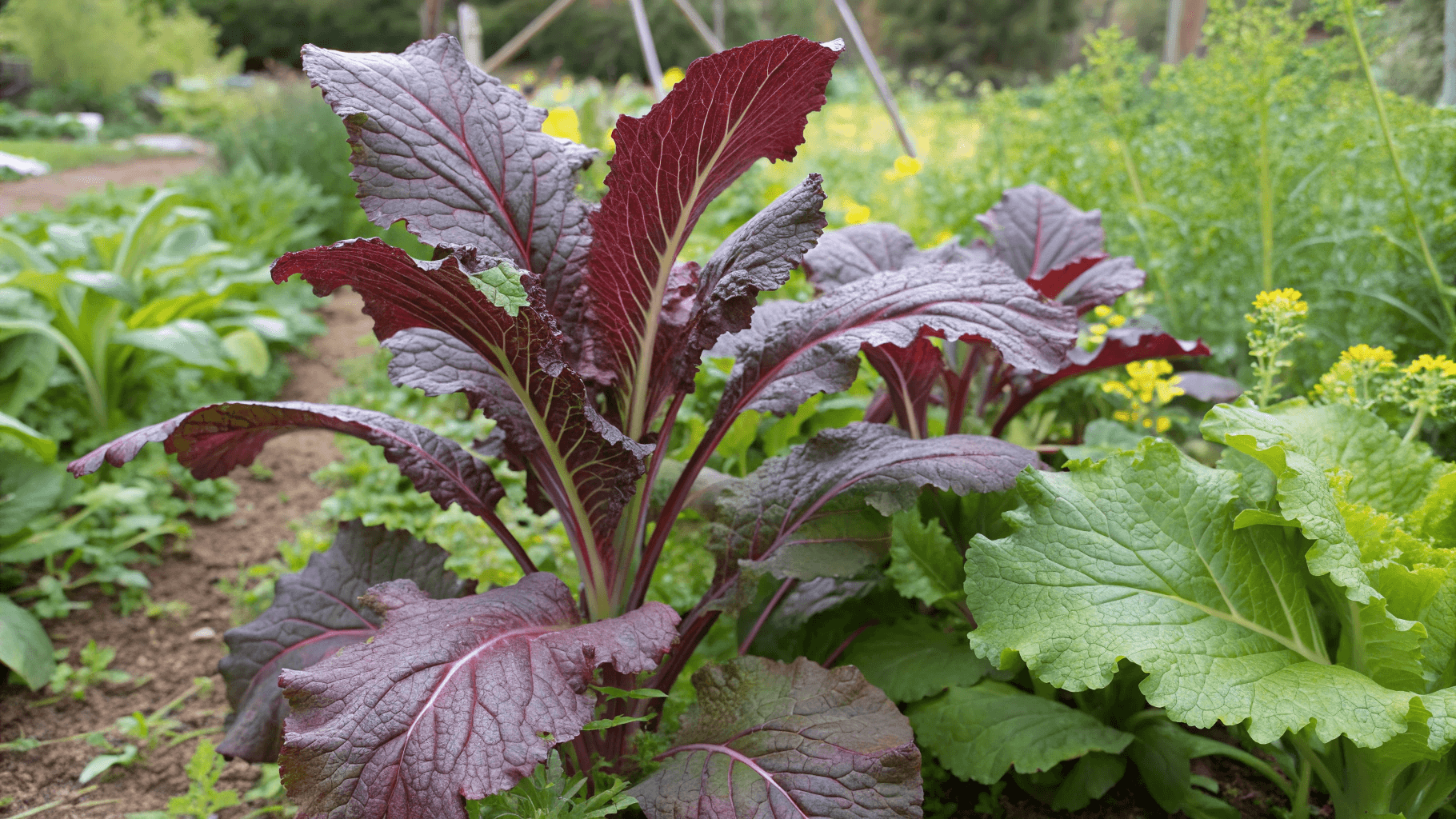 Known for its reddish-purple leaves and a milder, slightly spicier flavour. It’s cold-hardy and becomes sweeter after light frosts, making it perfect for fall gardens. Excellent for salads and color contrast.