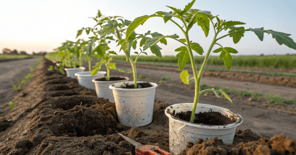 Most tomato plants can be planted with roughly half to two-thirds of the stem buried below the soil line. 