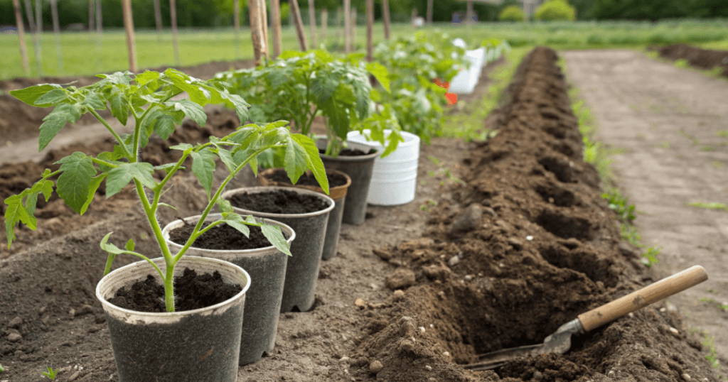 How deep to plant tomatoes depends on the size of the transplant, the soil conditions, and whether the seedling became leggy before planting.