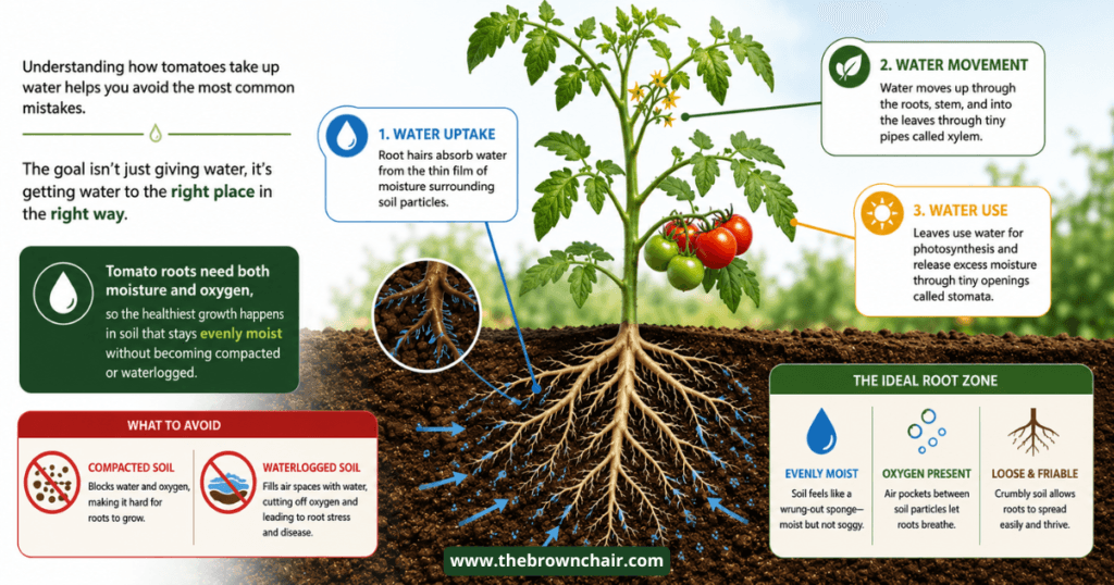 How Often to Water Tomatoes - Tomato watering infographic showing how roots absorb moisture, need oxygen, and grow best in evenly moist, loose soil.