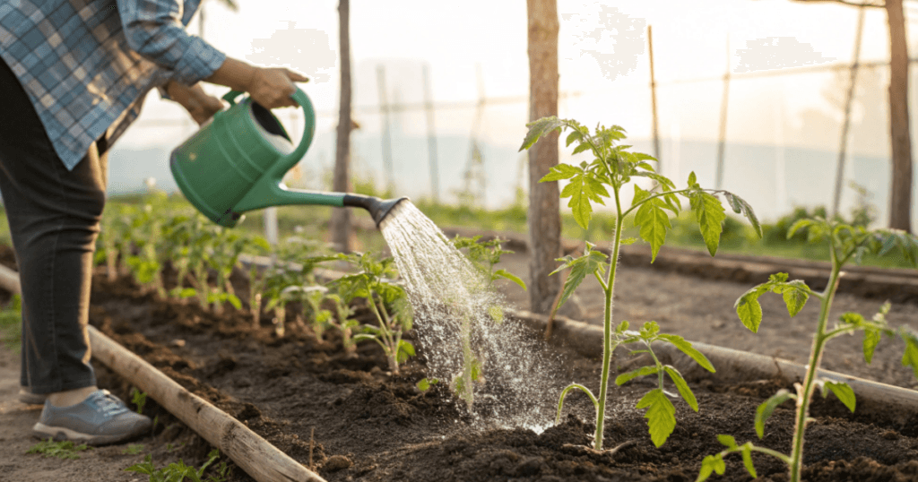 Watering tomatoe plants that were just planted. 