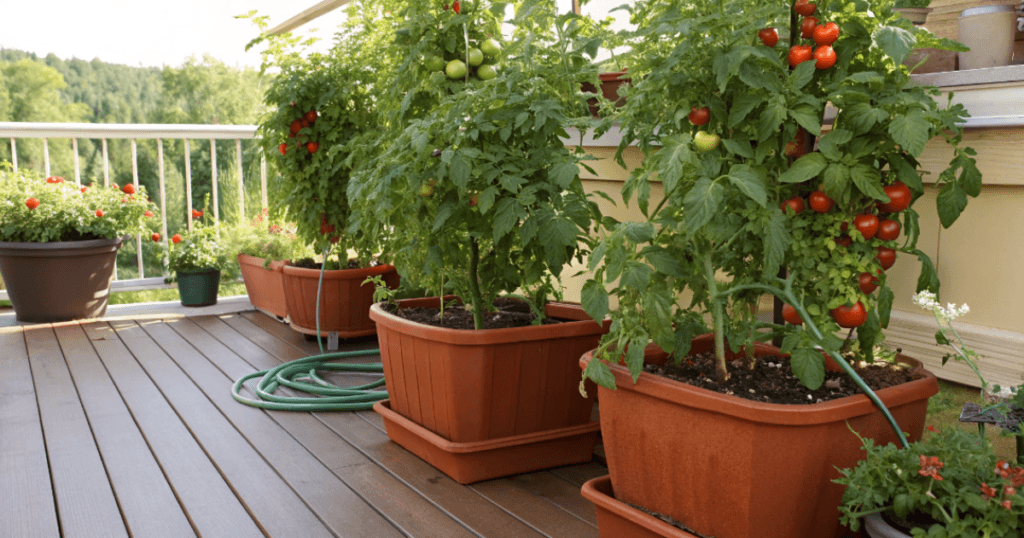 Patio tomatoes stay manageable while still producing decent-sized fruit. They also require less pruning and support than larger indeterminate plants.