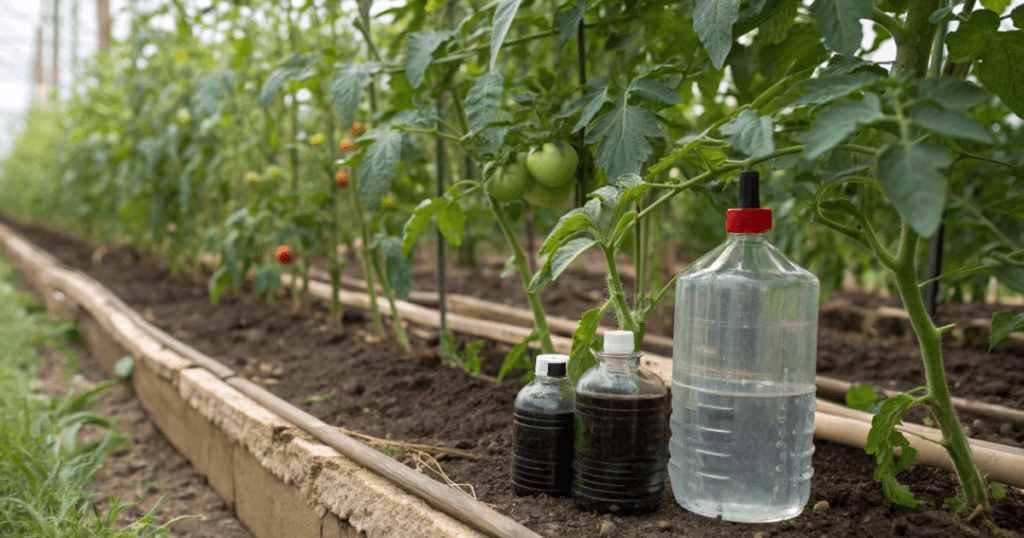Tomatoes usually grow best with a balanced fertilizer early in the season, followed by a lower-nitrogen fertilizer once flowering and fruiting begin.